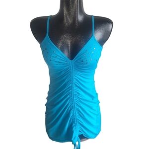 Simon Chang Blue Ruched Front Mini Dress with Studded Detailing S